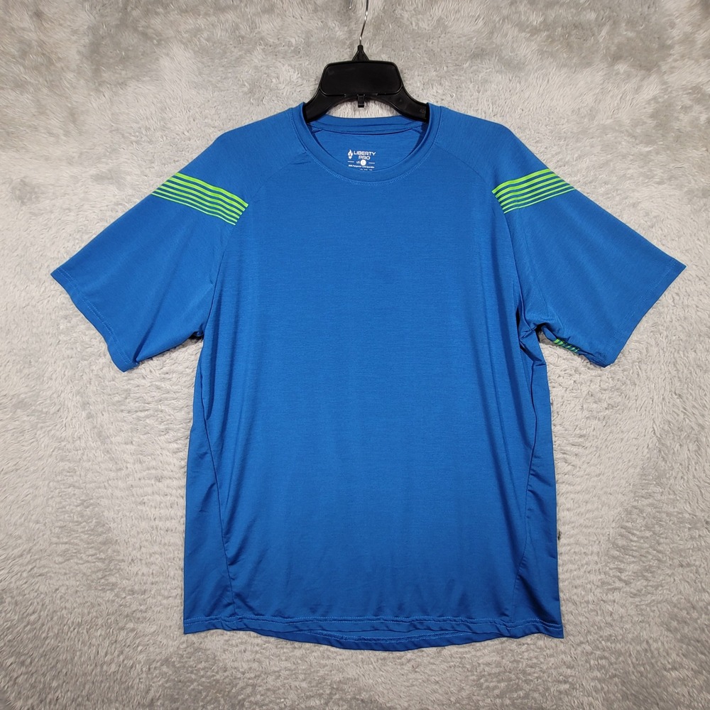 Liberty Pro T-Shirt Mens L Blue Neon Green Stripe Raglan Sleeve Performance Top
